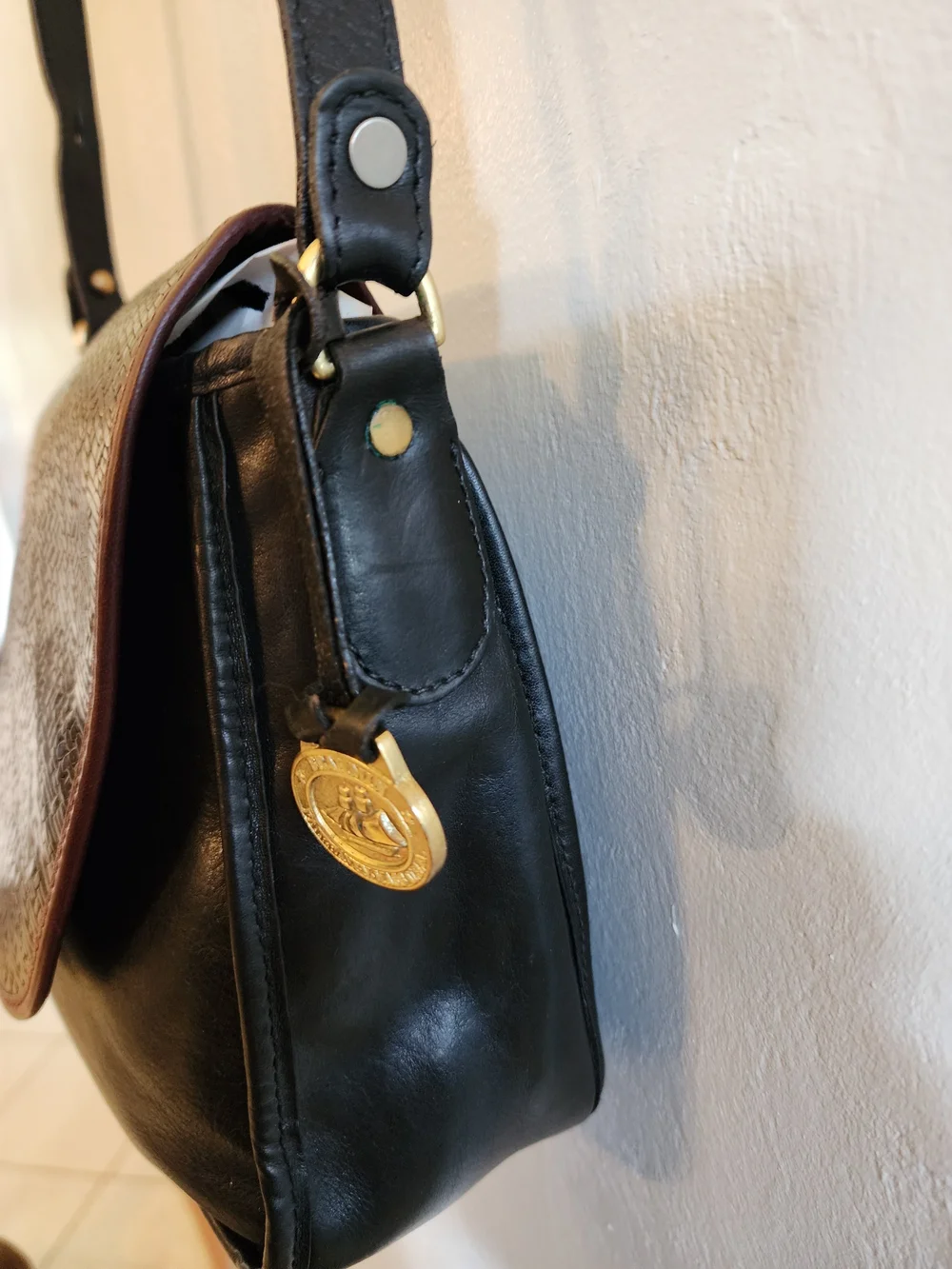 Vintage Brahmin Black Leather Crossbody with Brown Woven Flap
